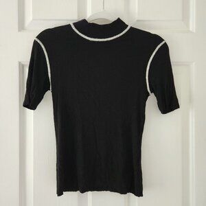 Zara Black Ribbed White Stitching Short Sleeve Mock Neck Tee Top - Size S